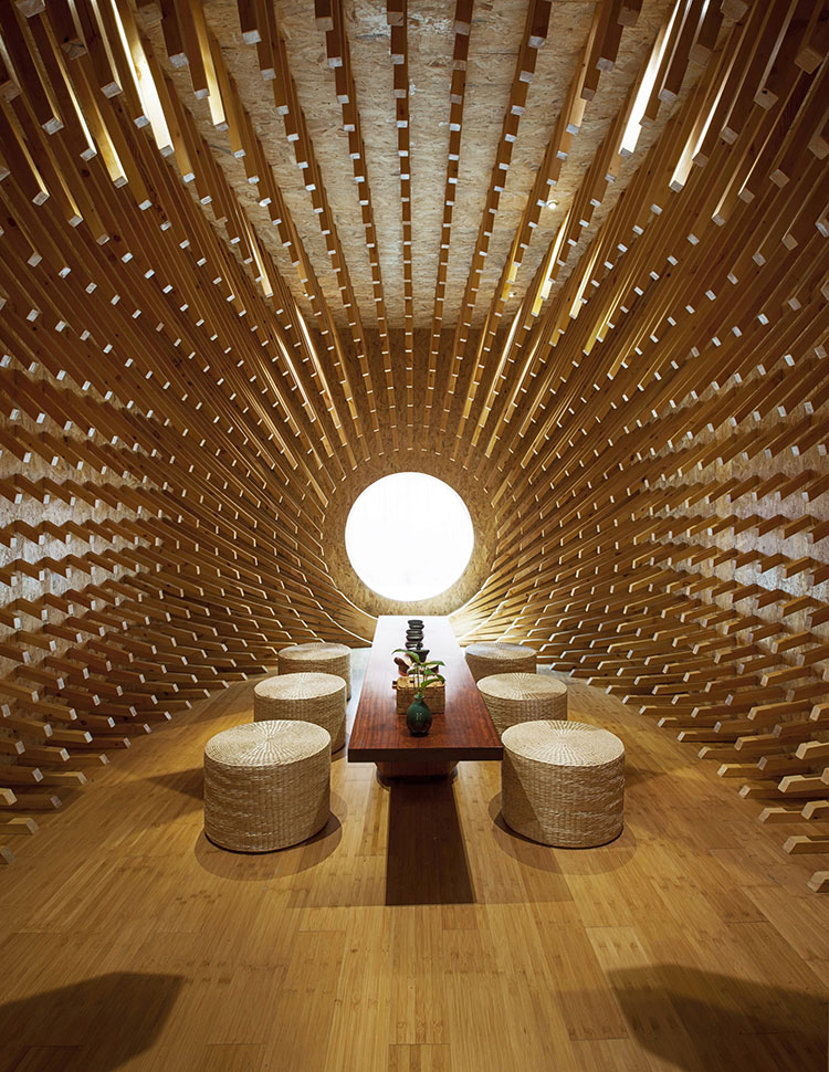 999 Wooden Sticks Creates A Beautiful Optical Illusion Inside This Chinese Teahouse By Minax