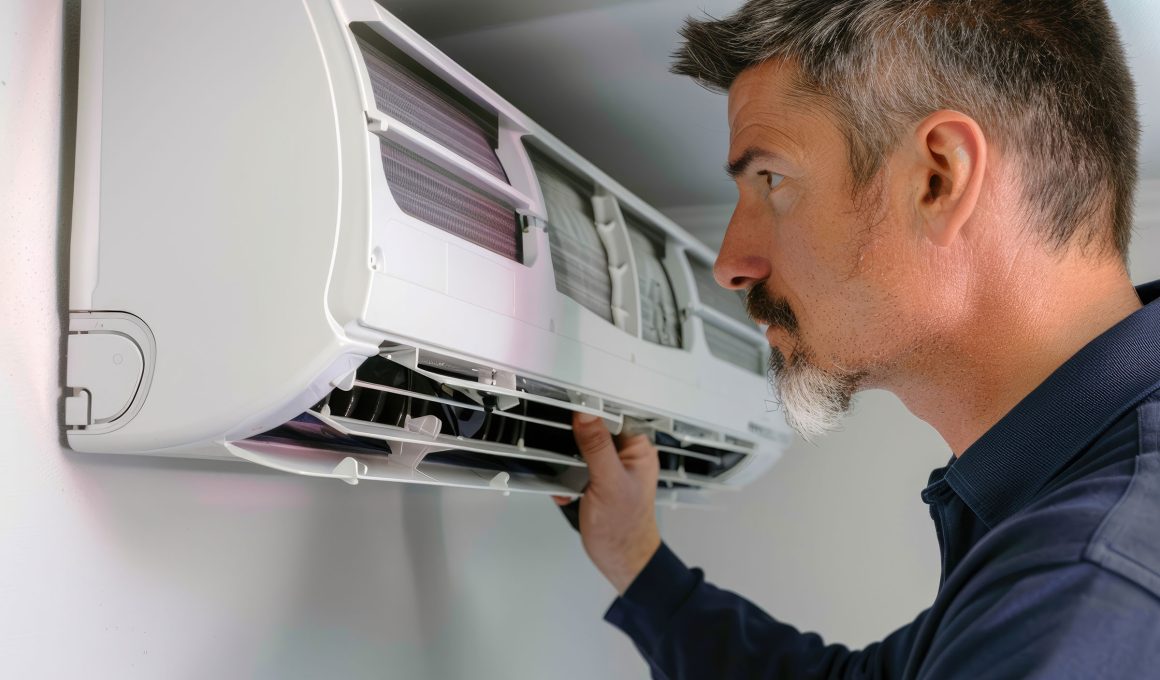 Man inspecting air conditioning unit indoors for climate control