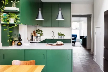 modern kitchen with cabinets in green