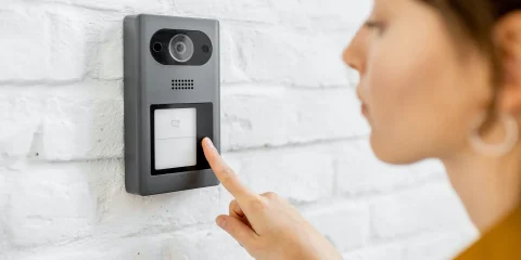 Woman rings the house intercom with a camera installed on the white brick wall