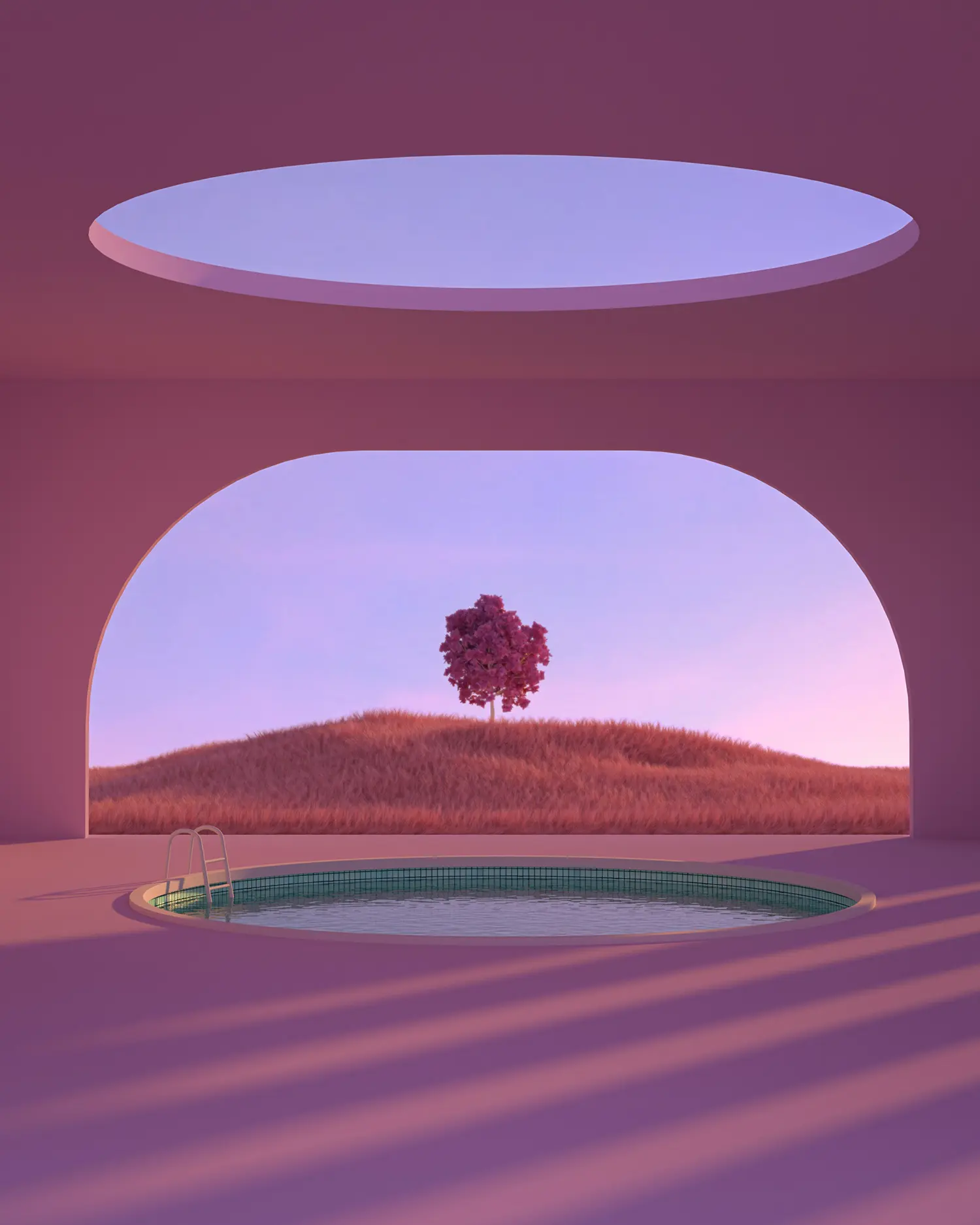 pink digital landscape with tree and swimming pool