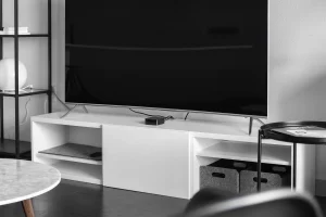Modern living room with white TV stand