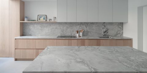 Modern minimalist kitchen in white marble