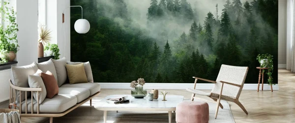 Woodland wall mural in a modern living room