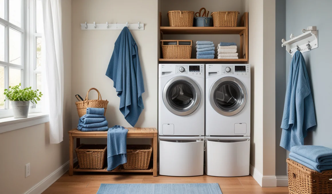 Functional and stylish small laundry room in a repurposed closet with stackable washer and dryer, open shelving, and decorative baskets.