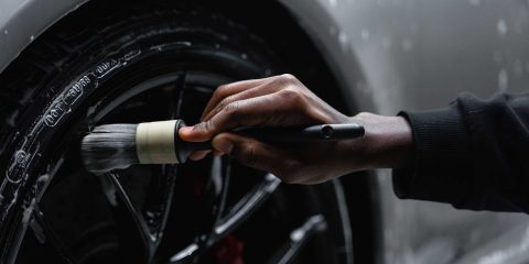 Man's hand holding a brush to clean alloy wheels of a car