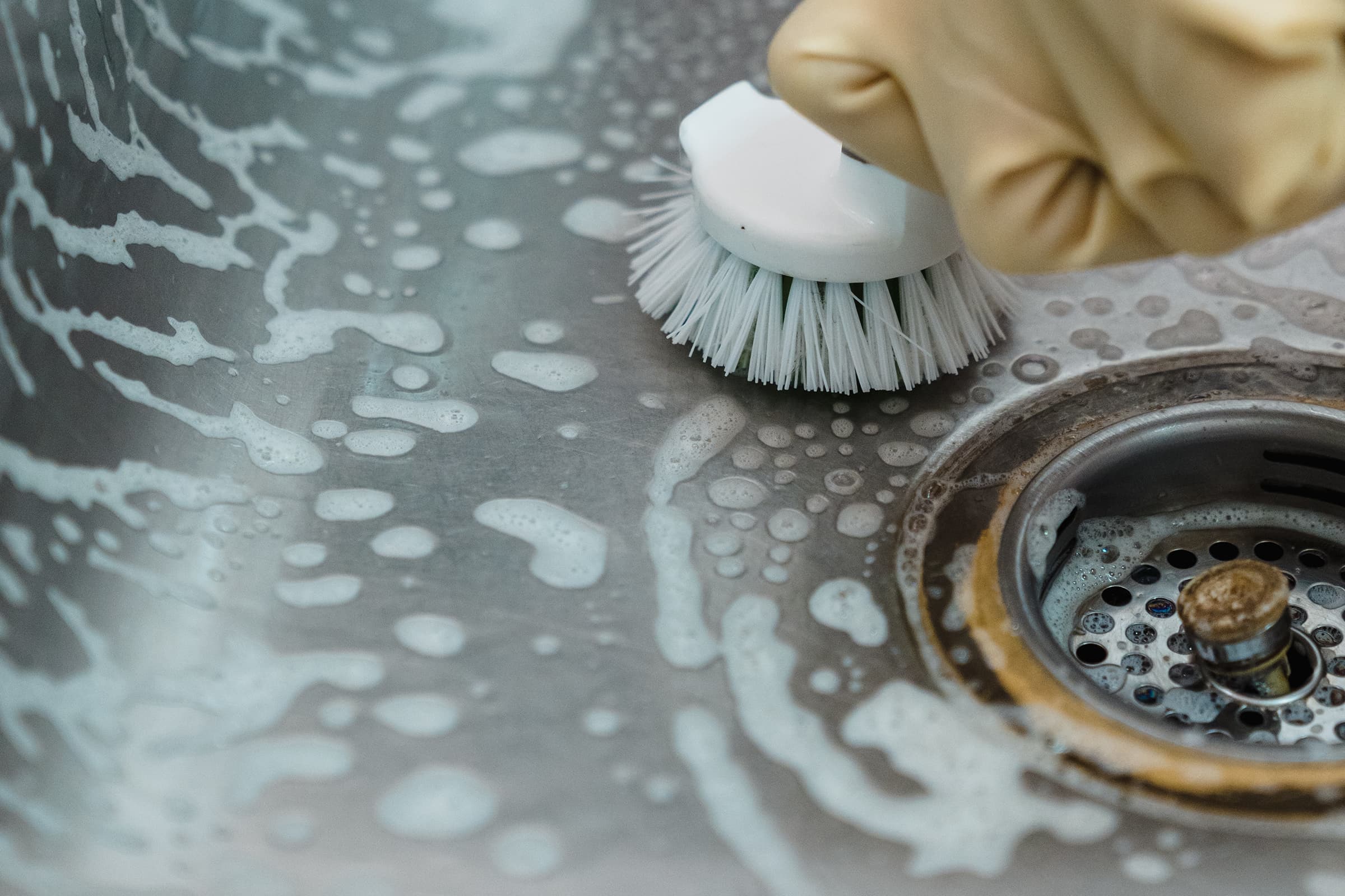Close up of a woman cleaning the kitchen sink