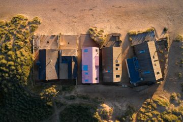 Aerial view of a group of beach houses