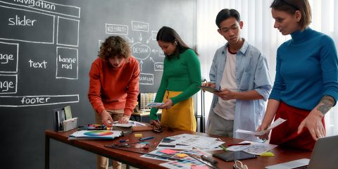 Group of four web designers in casual wear developing new web site layout and looking at color swatches while having a meeting in the modern office