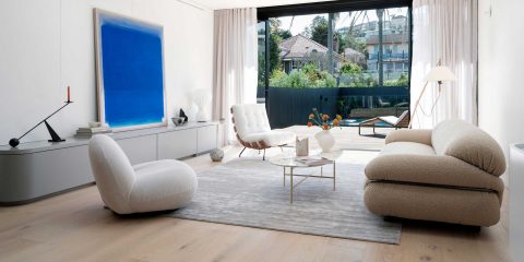 Living room with modern cream-colored furniture