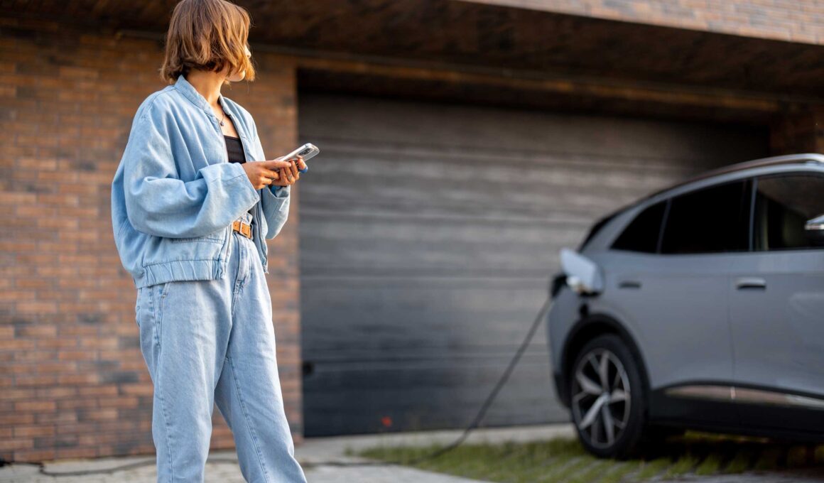 Young woman useing smart phone while charging her electric car near garage of her house