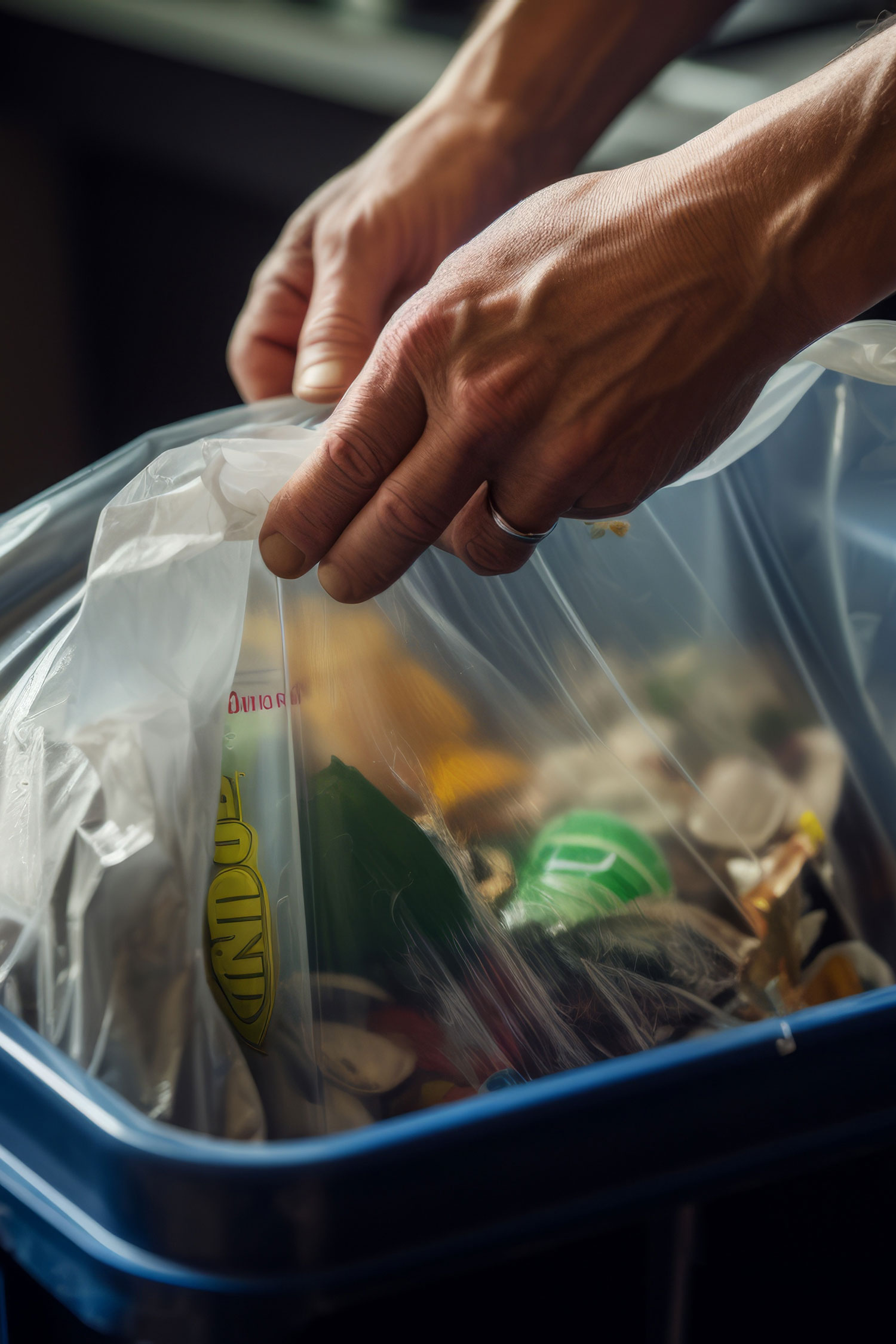Man take out a sorted trash from the recycle bin. represent recycling at home