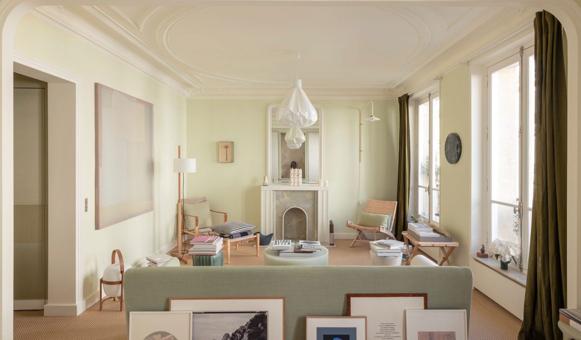 Images showcasing the stunning architectural renovation of a Haussmann apartment in Auteuil, Paris, by After Bach studio. The design blends classic Parisian charm with modern sensibilities, highlighting the use of natural materials, a sophisticated color palette, and curated artwork.