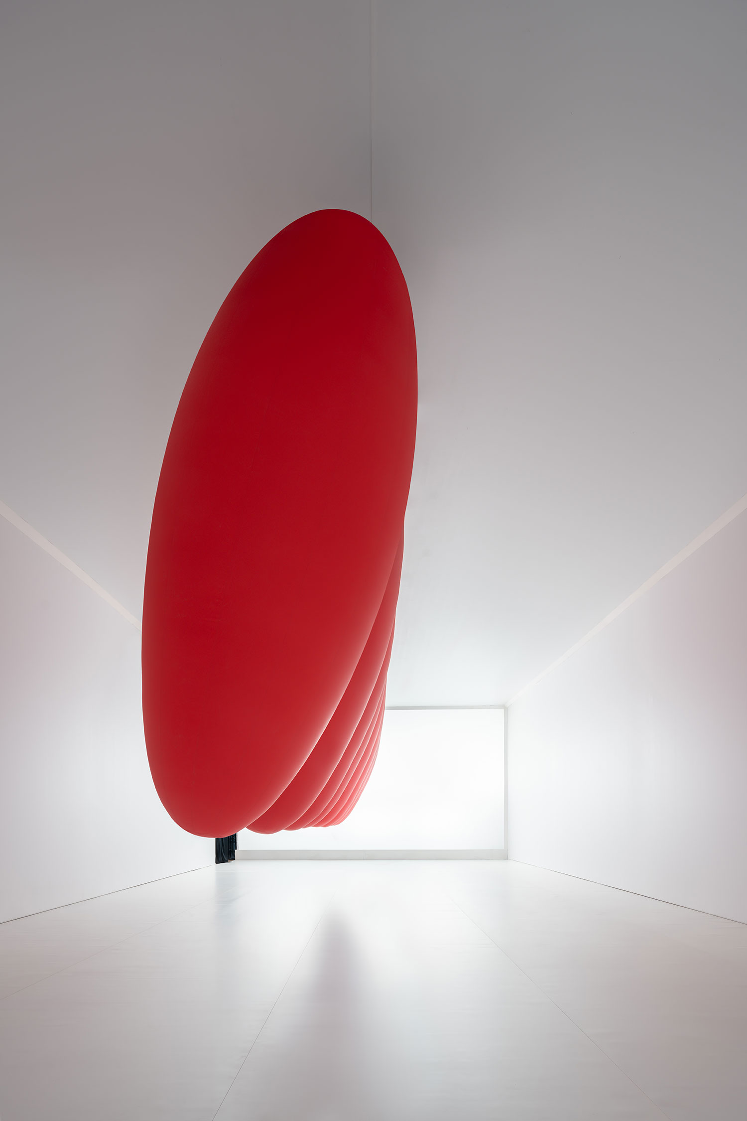 SpY's kinetic installation Ovoids, featuring eight red ovoids suspended in pendular motion. 1 Photo by Ruben PBescos.   