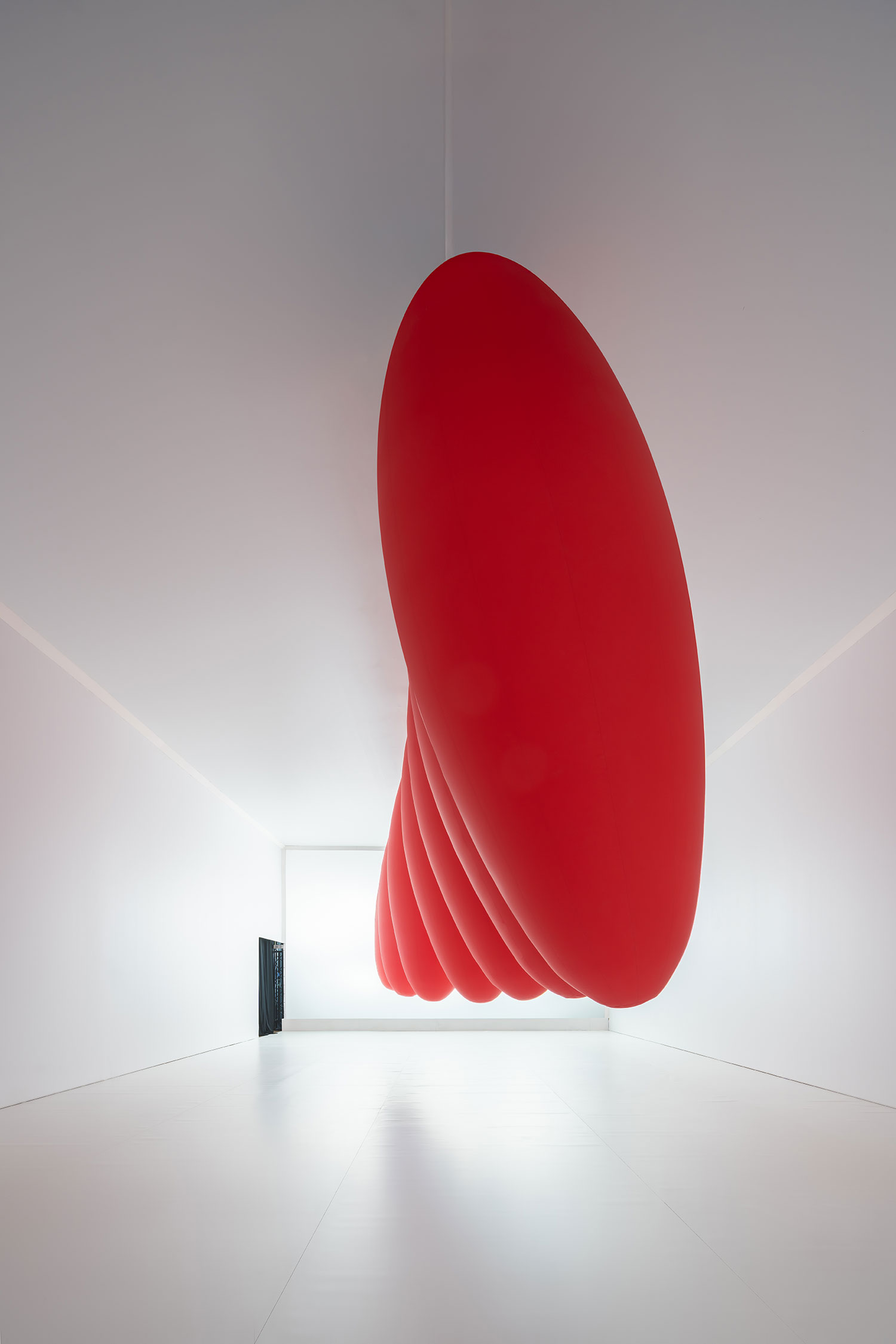 SpY's kinetic installation Ovoids, featuring eight red ovoids suspended in pendular motion. 1 Photo by Ruben PBescos.   