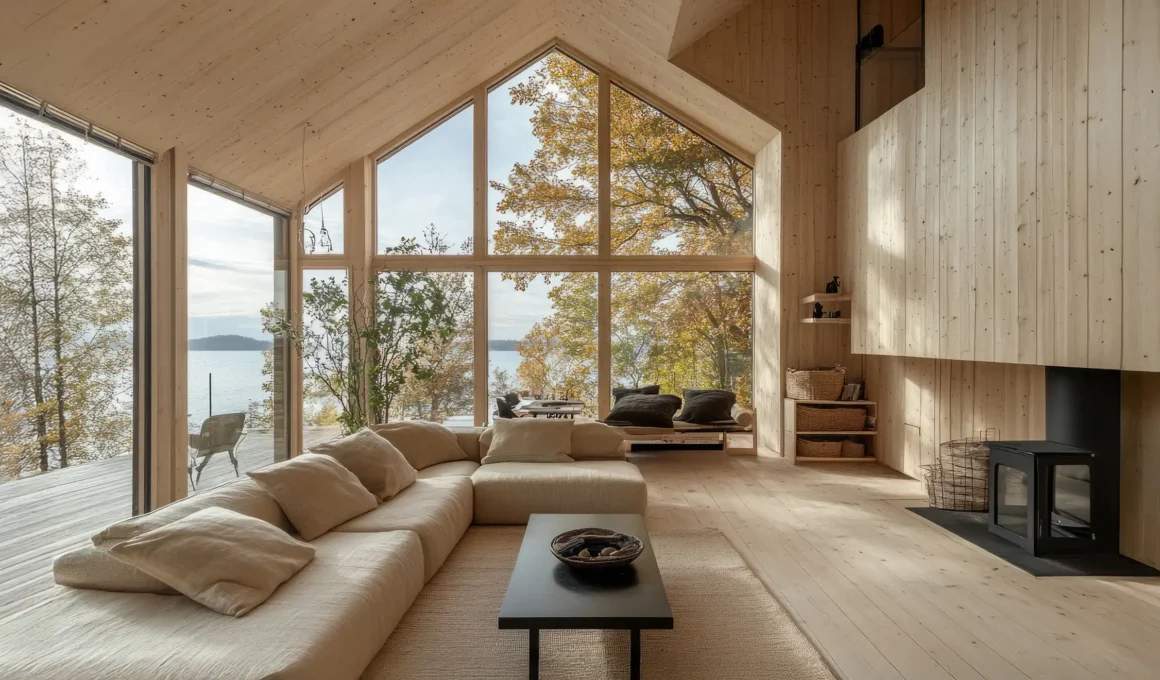 Rustic-modern lake house living room with wooden beams, large windows, and cozy fireplace overlooking the water
