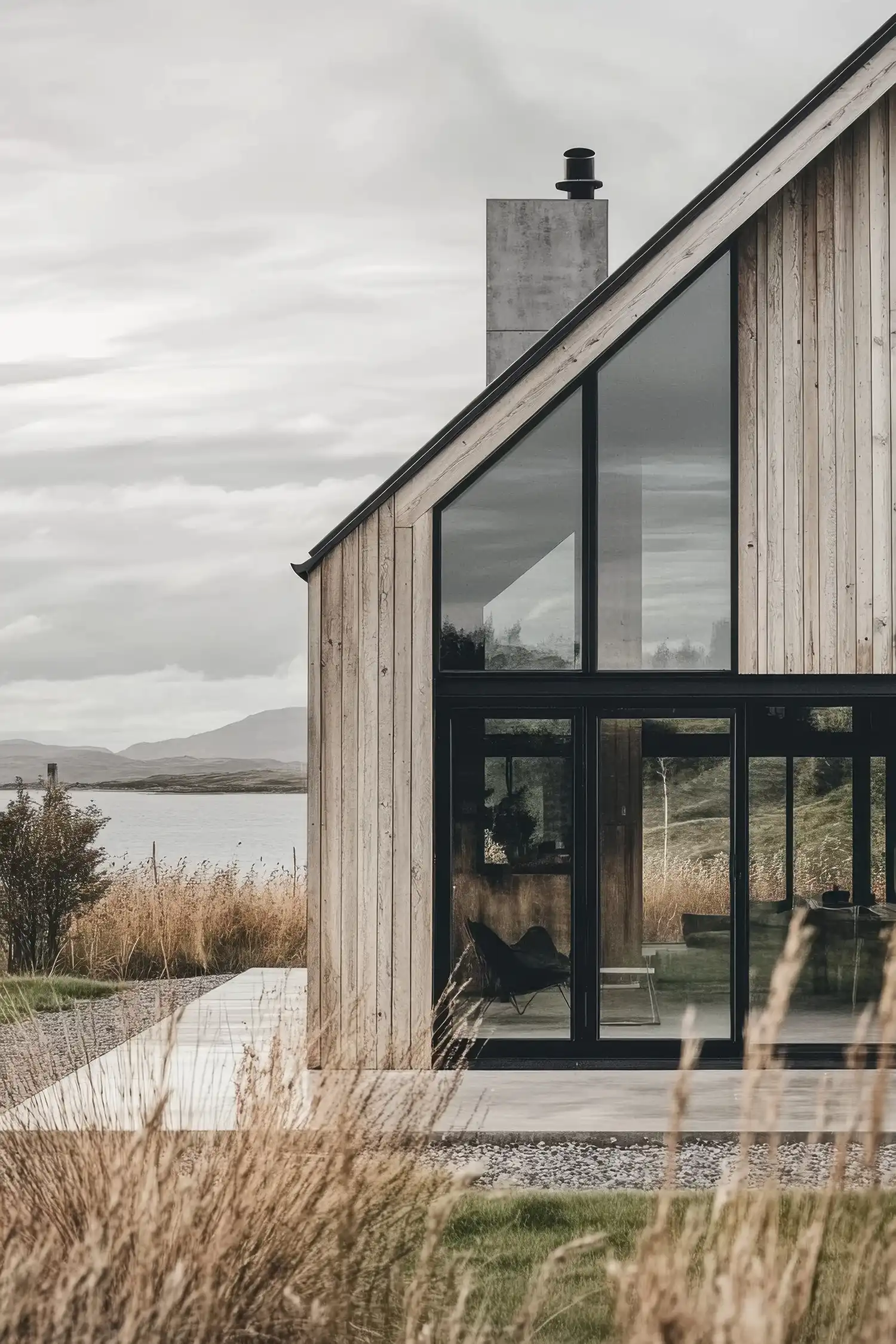 Lakeside deck with comfortable outdoor seating, string lights, and panoramic lake views for entertaining guests