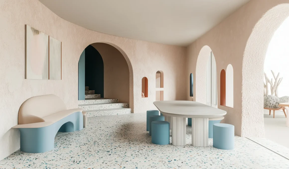 Terrazzo flooring in a modern living with gray and white speckles