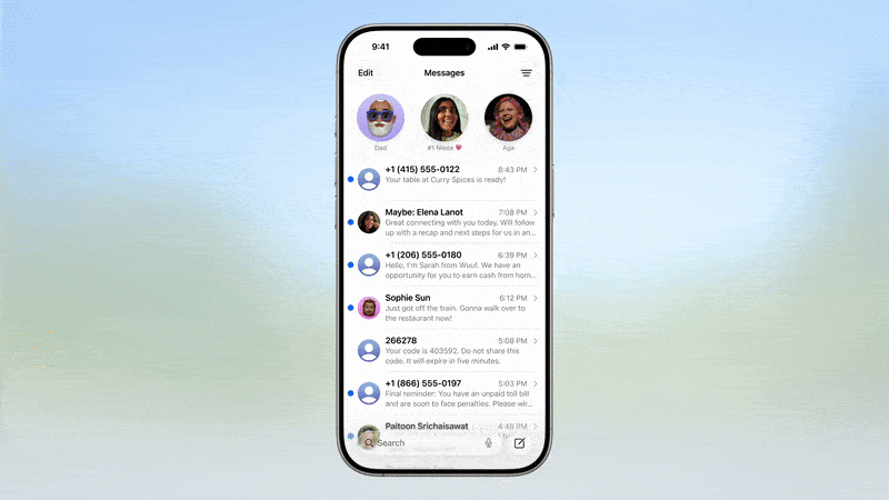 iOS 26 Phone app interface with enhanced call authentication and redesigned Control Center toggles