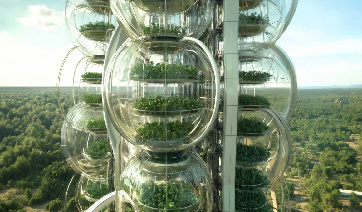 Modular spherical vertical farming pods with lush greenery, showcasing climate-resilient urban agriculture technology in a futuristic greenhouse setting