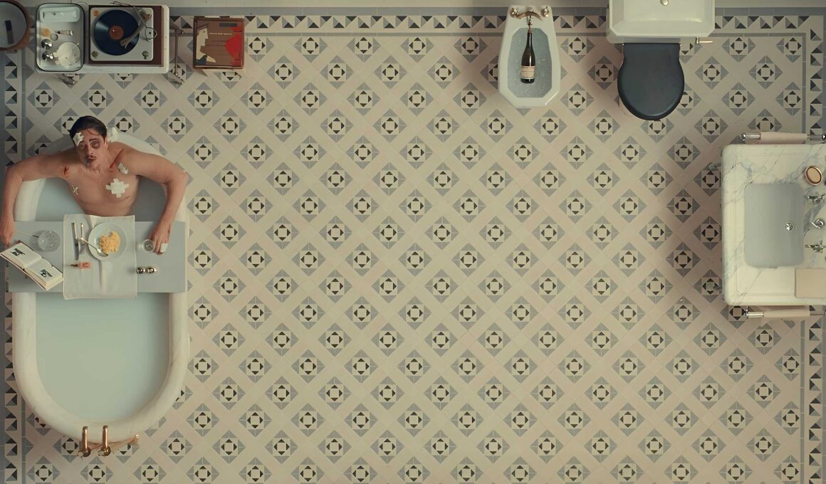 Cinematic still from "The Phoenician Scheme" showcasing retro-futuristic architecture and detailed production design.