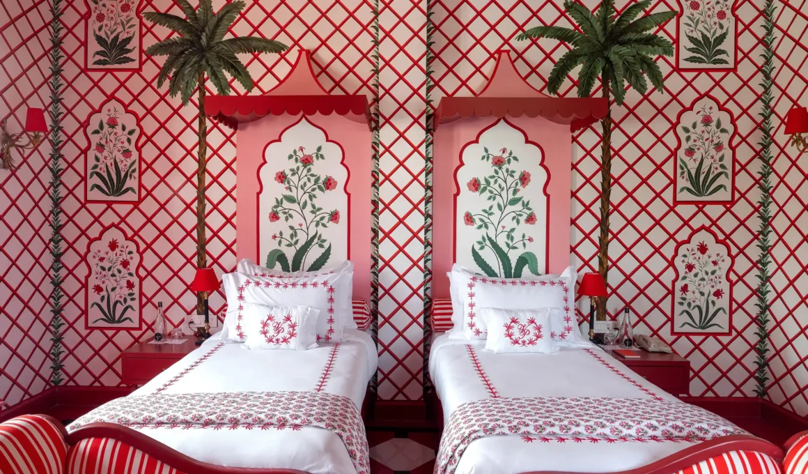 Art hotel in Jaipur with hand-painted frescoes and Mughal-Italian fusion design at Villa Palladio, Rajasthan luxury heritage stay