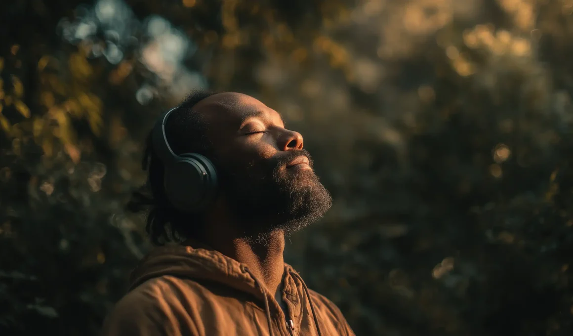 Young Black man experiencing deep focus wearing premium noise-canceling headphones in a tranquil minimalist space, 2025 top ANC models.