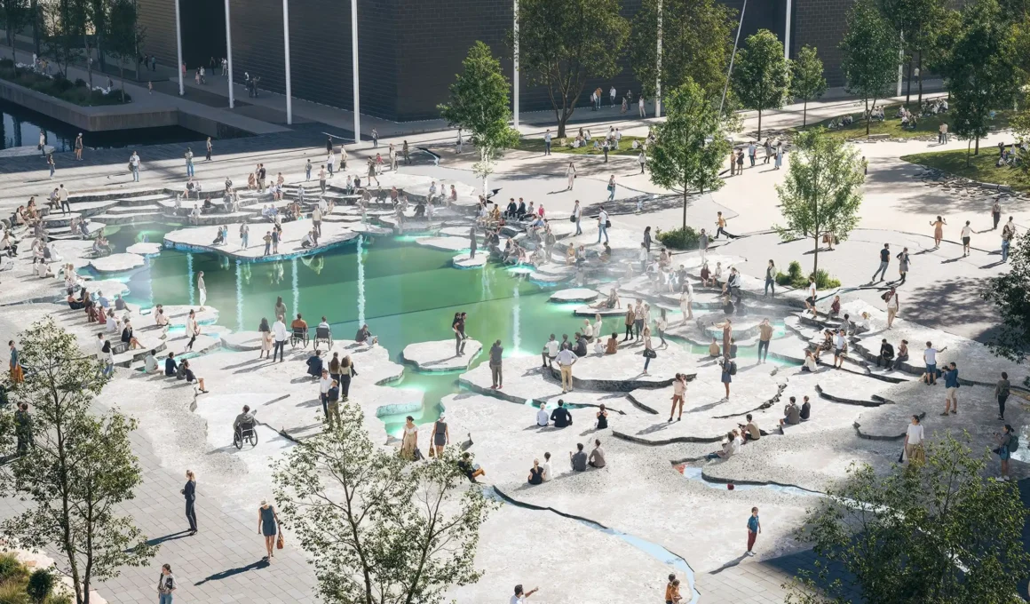 BIG Architects Transform Ørestad: Cracked Terrain Plazas with Water, Light & Greenery