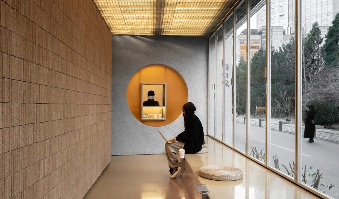 Bufen Atelier Tea Pavilion exterior at Beijing 798 Art District: offset volumes, yellow terrazzo platform, industrial context, urban lantern architecture