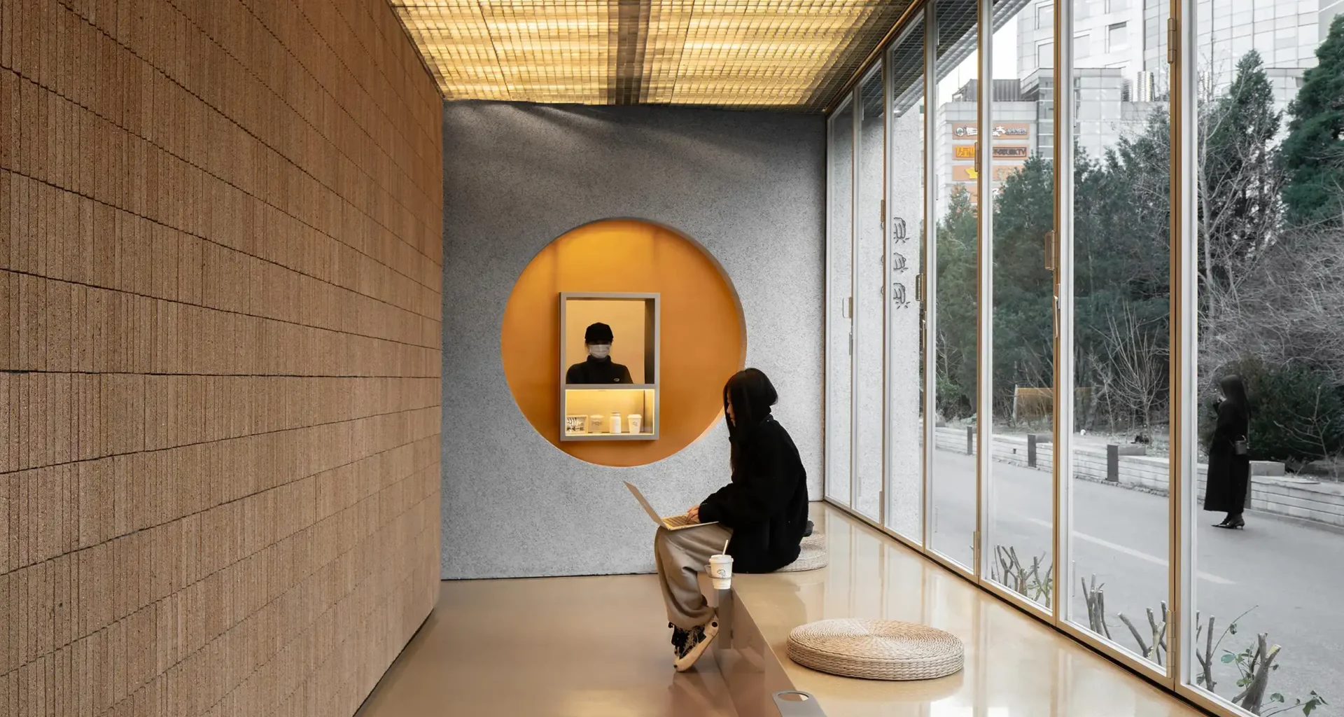 Bufen Atelier Tea Pavilion exterior at Beijing 798 Art District: offset volumes, yellow terrazzo platform, industrial context, urban lantern architecture