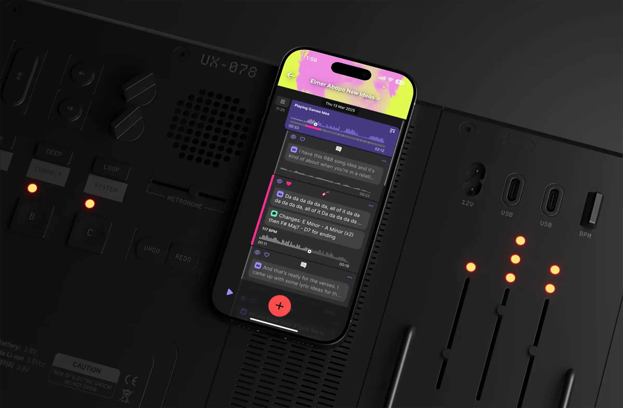 Musician recording vocal riff in Dubnote app during songwriting session with iPhone on studio desk