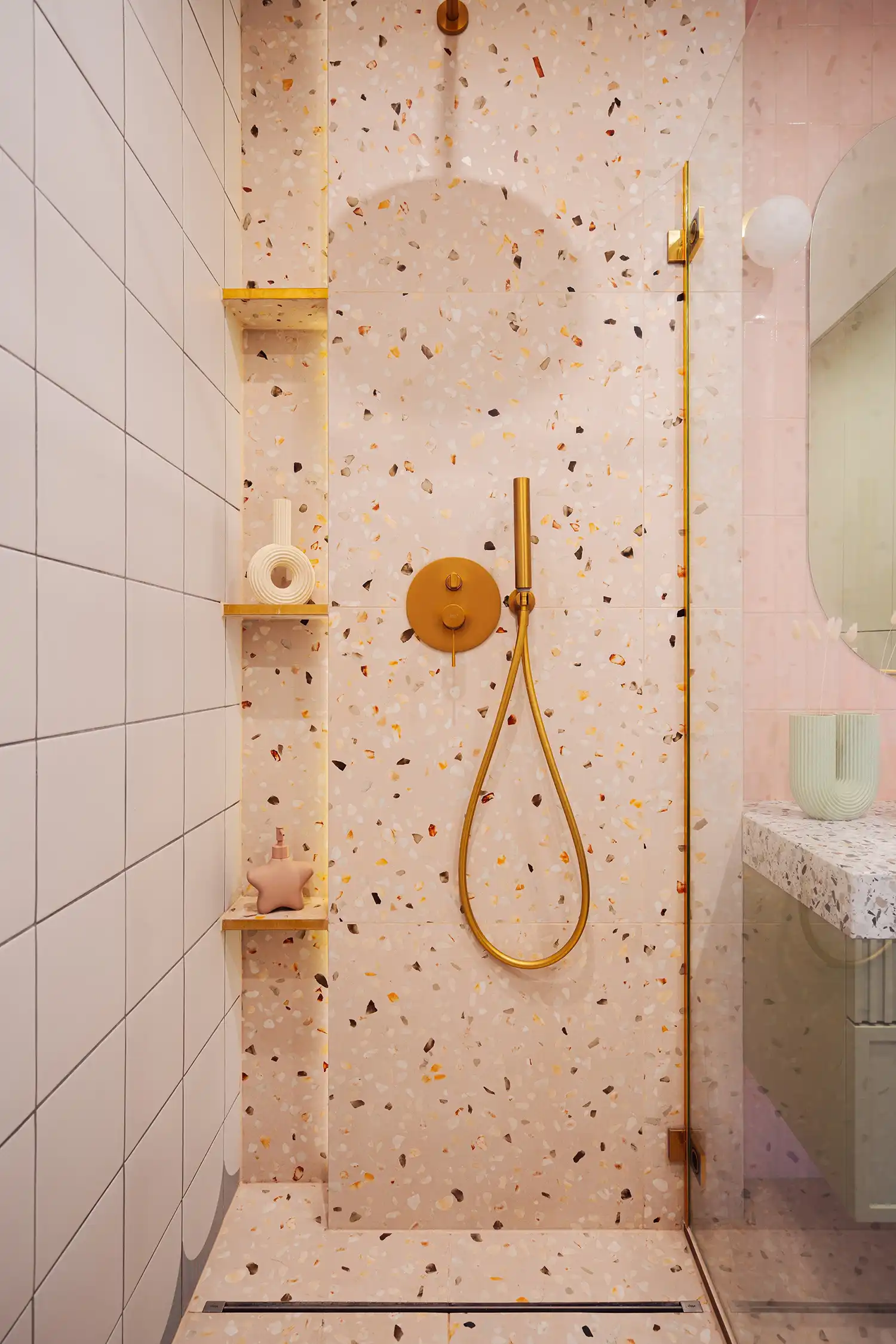 Wes Anderson Style Apartment: Pink Grout & Terrazzo Design | Butterfly Studio, Kraków