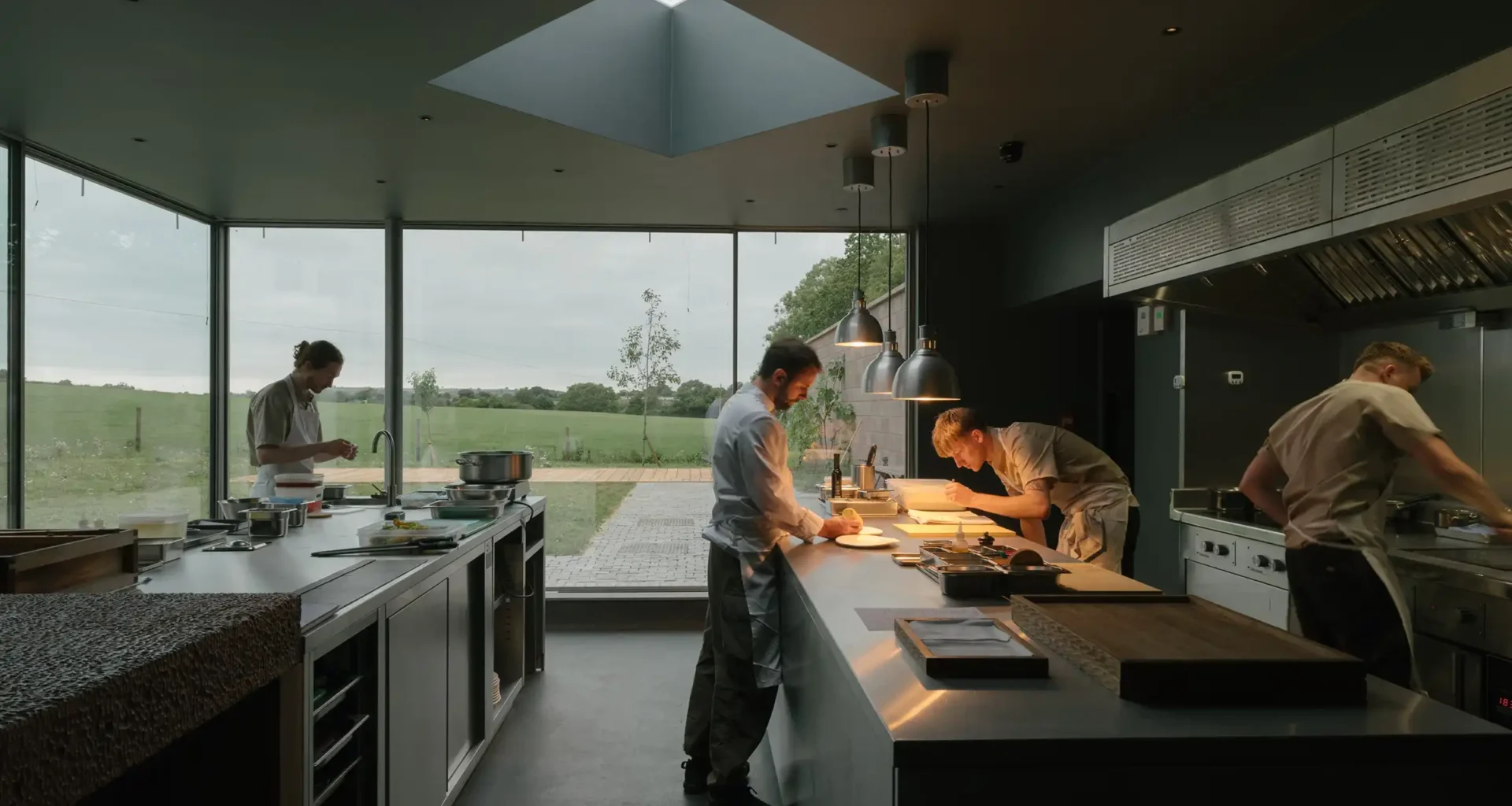 sip restaurant open theatre kitchen by Bindloss Dawes with panoramic Somerset countryside views, farm-to-table ethos, and historic pub renovation.