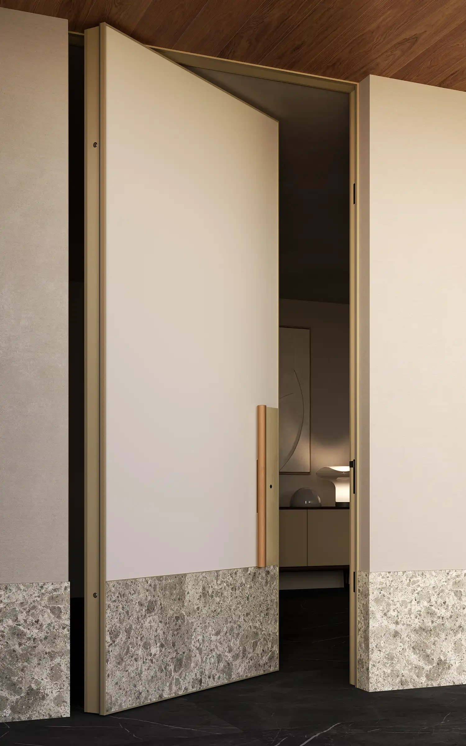 Close-up of artisan terrazzo inlay in high-security flush door | Custom luxury material detail