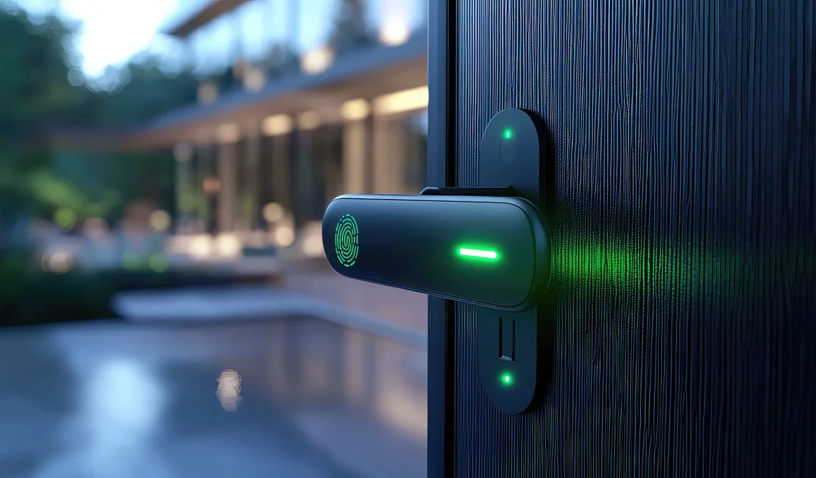 Modern smart door lock with green LED unlocked indicator on dark wood entry door | Luxury home security installation by professional locksmith