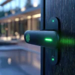 Modern smart door lock with green LED unlocked indicator on dark wood entry door | Luxury home security installation by professional locksmith
