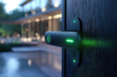 Modern smart door lock with green LED unlocked indicator on dark wood entry door | Luxury home security installation by professional locksmith
