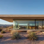 Sustainable desert hardscape design with native plants, stone pathways, and shaded pergola in arid climate backyard
