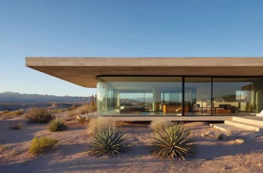 Sustainable desert hardscape design with native plants, stone pathways, and shaded pergola in arid climate backyard
