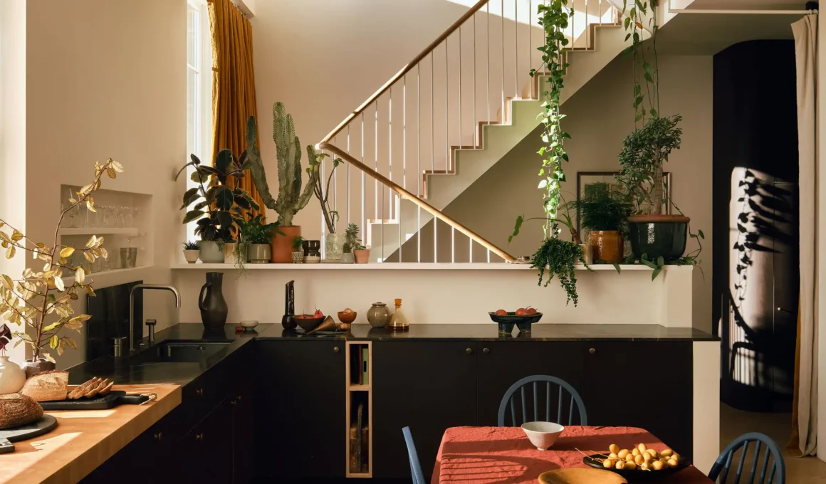 Victorian kitchen renovation with cocoa husk linoleum fronts, ash timber joinery, and maple butcher block in Mosley Thorold's North London maisonette