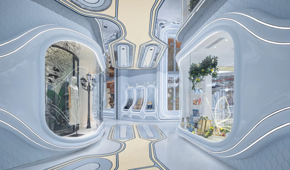 X+Living's deep-sea space capsule interior at Deji Plaza Phase II Commercial&Art Bazaar, Nanjing: curved façades, whale installation