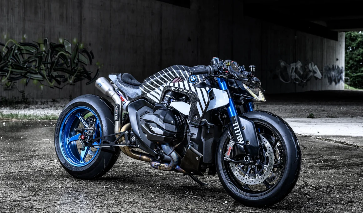 BMW R 1300 R TITAN custom motorcycle in profile, showcasing its forged carbon-fibre body, titanium Akrapovic exhaust, and aggressive sprint racer stance.