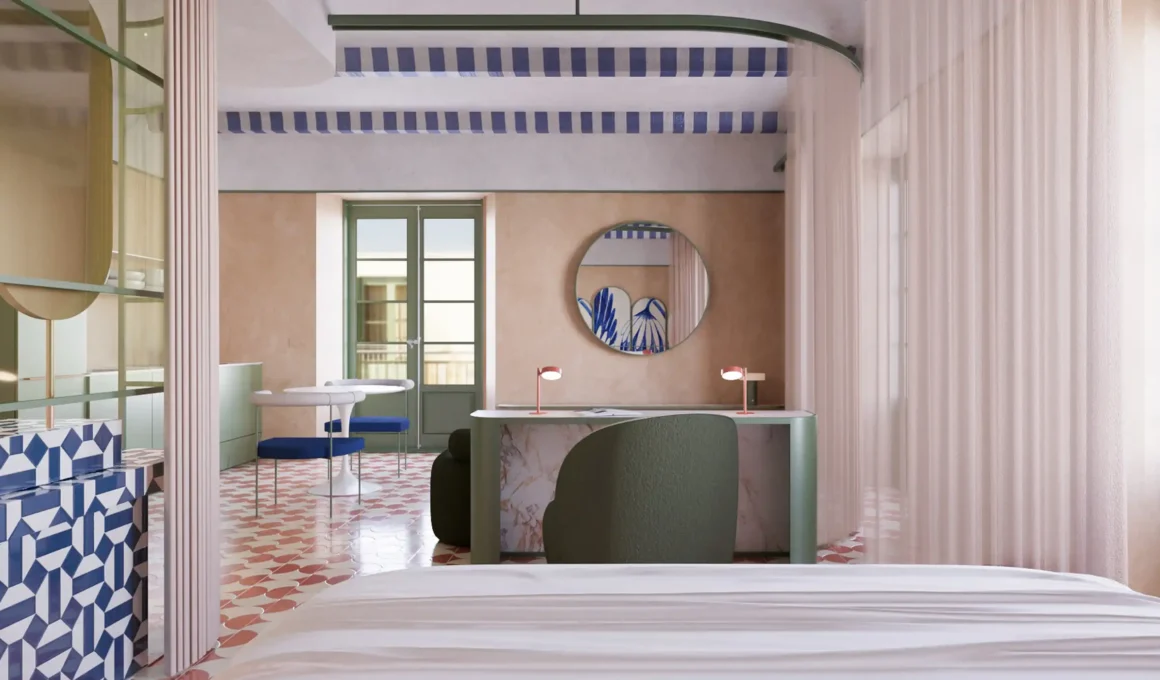 asa Capirote Seville apartment interior by CatetoCateto studio, showing open-plan living area with Triana pottery inspired decorative elements, lime mortar walls, and curtains dividing the space.