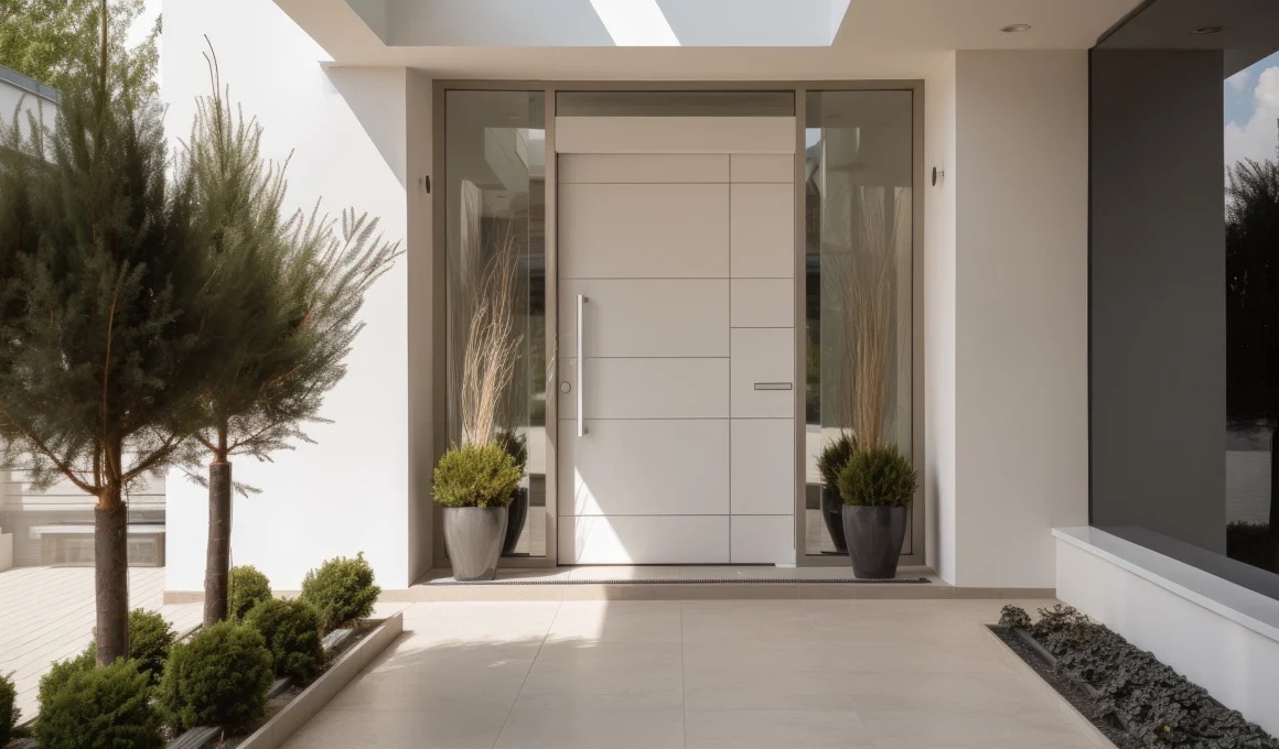 Modern front door with sleek matte black smart lock and handle in a Palm Coast home.