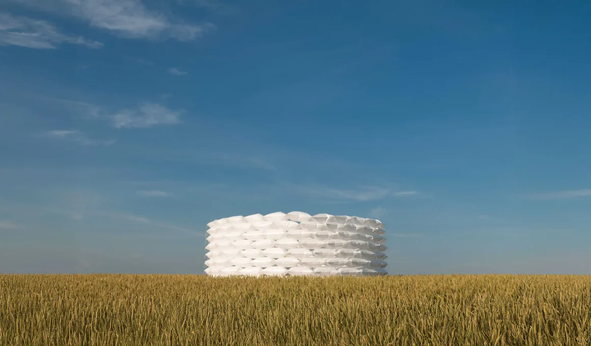 Gregory Orekhov SoftPower art installation in France showing circular inflatable sculpture made of white pillow-like forms creating a sanctuary for meditation.
