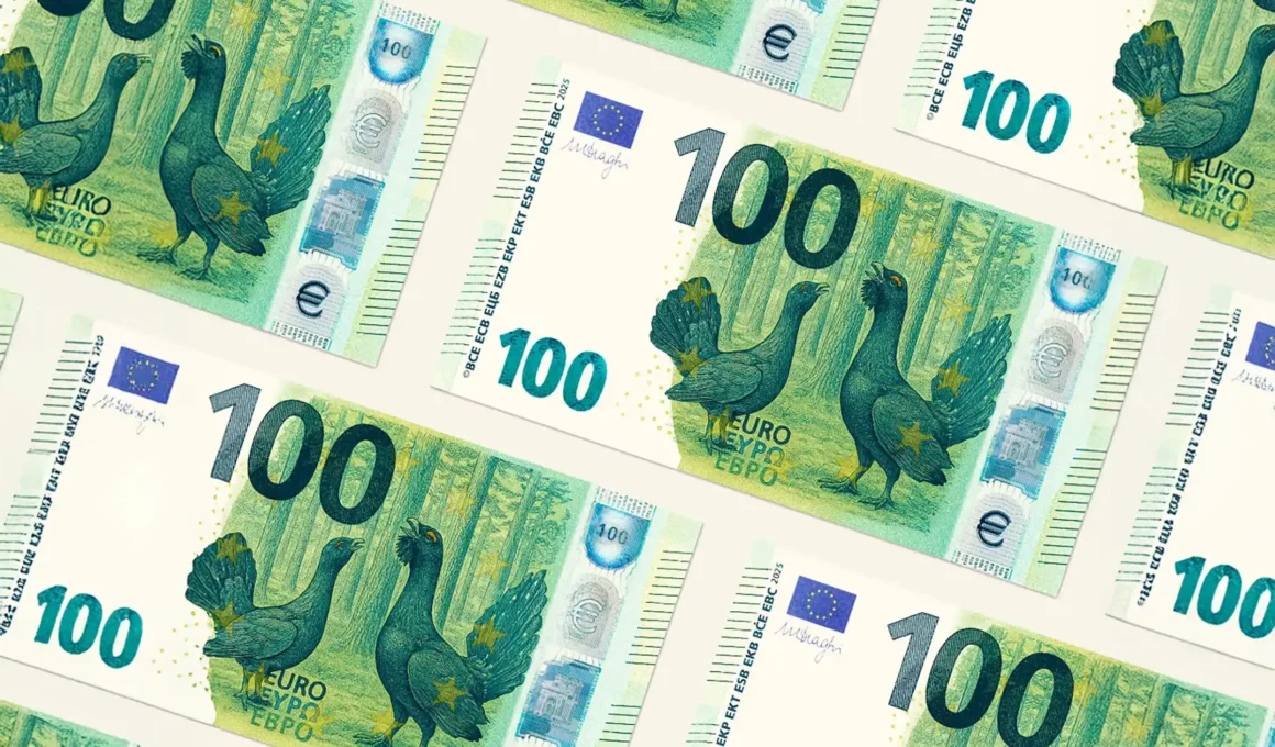 A concept design for a new 100 euro note featuring the rare capercaillie bird of Lithuania's ancient forests, created by the Ancient Woods Foundation for the European Central Bank contest.