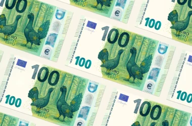A concept design for a new 100 euro note featuring the rare capercaillie bird of Lithuania's ancient forests, created by the Ancient Woods Foundation for the European Central Bank contest.