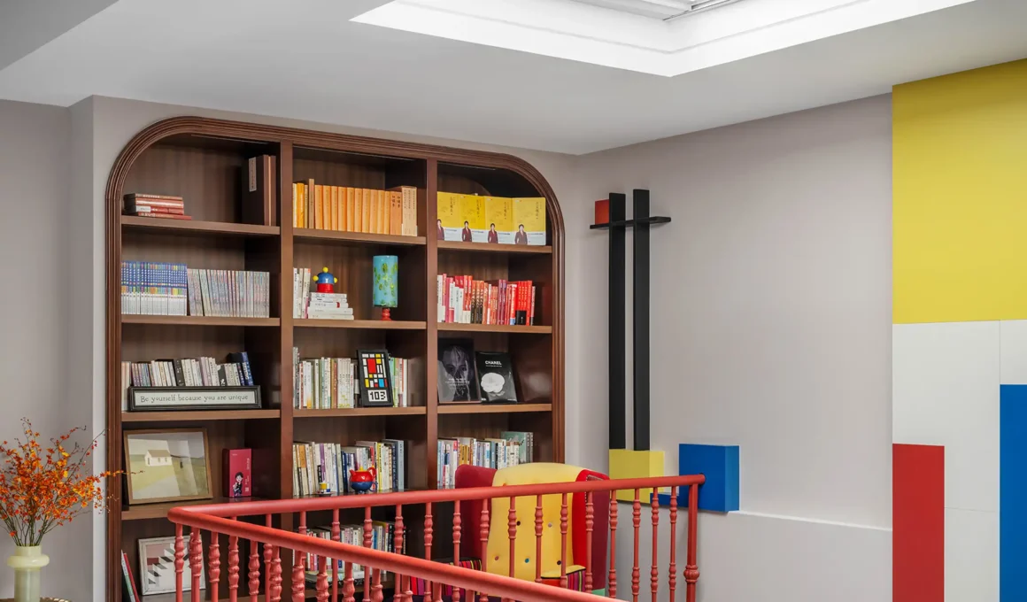 Mondrian-inspired living room with red spiral staircase and built-in library | Beijing home design by Xia Fu, Shangceng Design