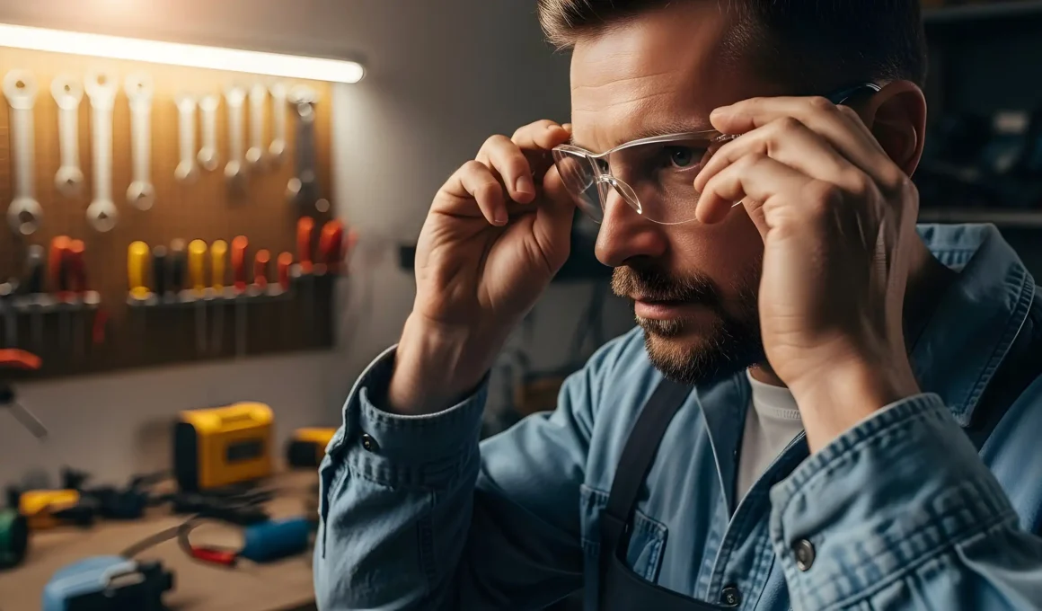 A person wearing stylish prescription safety glasses while working on a DIY woodworking project in their garage.