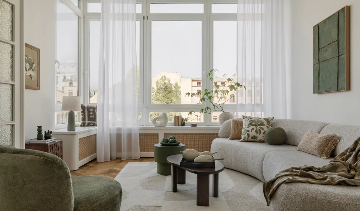 Modern small living room with light-colored sofa, large mirror, and minimalist decor making the compact space feel open and airy.
